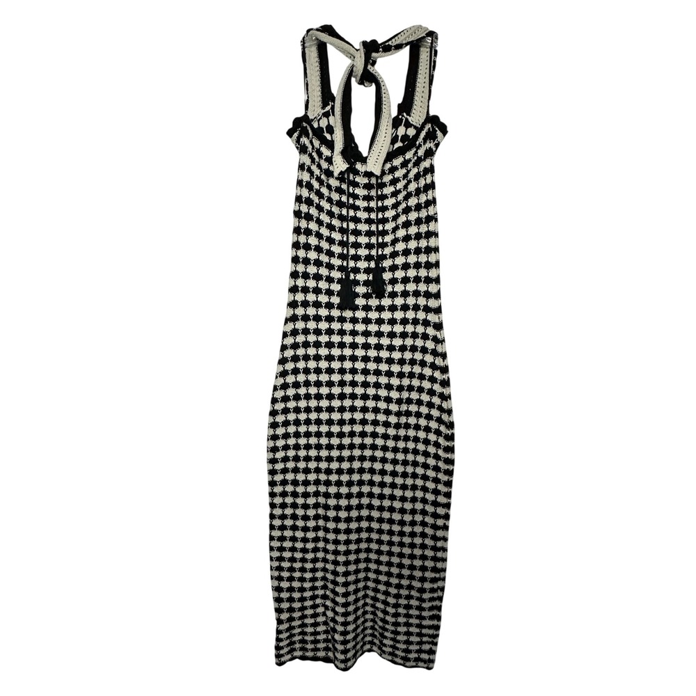Miou Muse Crochet Knit Maxi Dress Ruffle Straps Retro Black Cream Honeycomb Boho - Picture 3 of 13